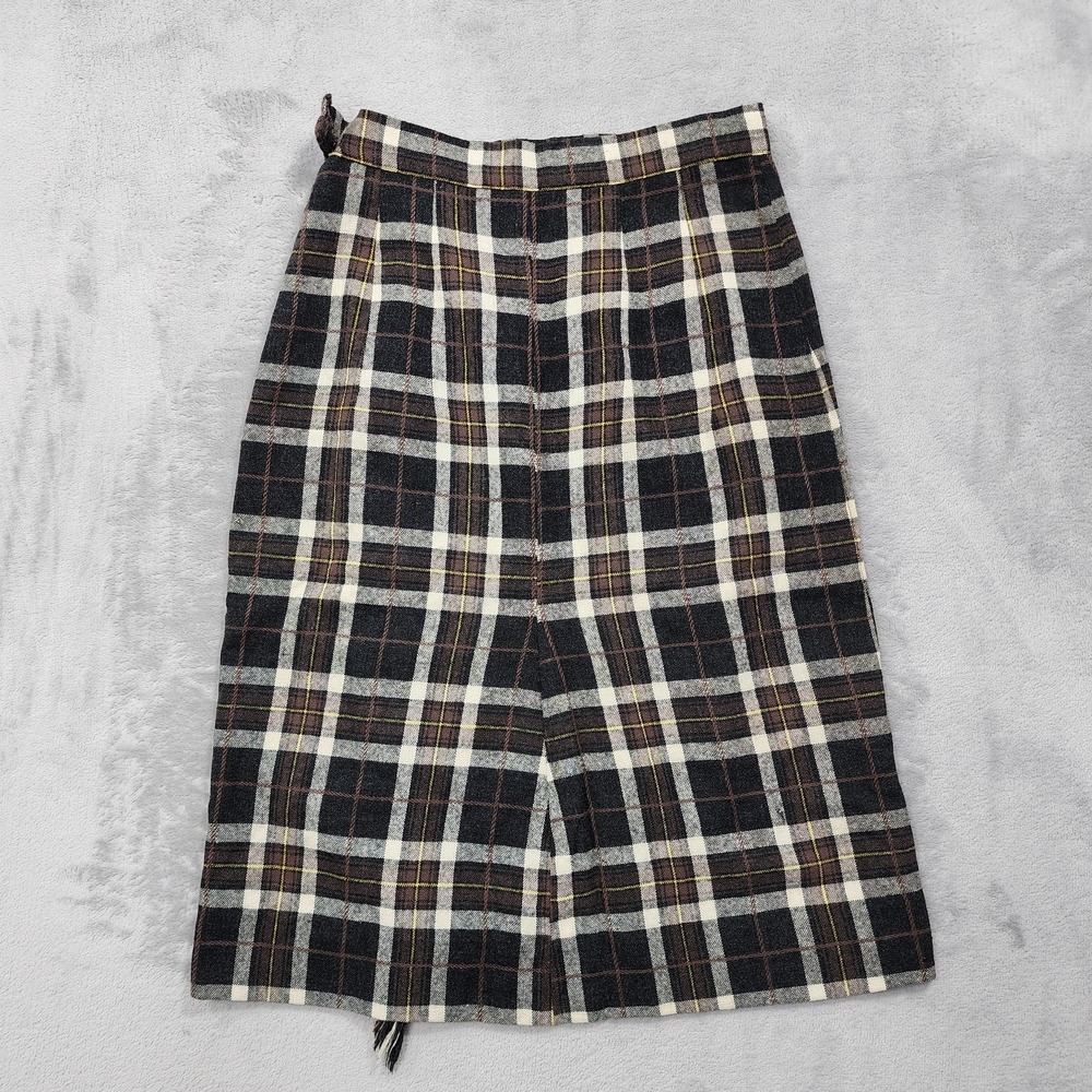 Vintage Skirt Women XXS Black Brown Plaid Pencil Faux Wrap Button Front Side Zip - Picture 3 of 10